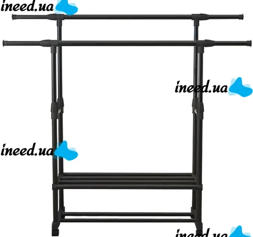 Подвійна телескопічна стійка Double Rack для зберігання одягу та взуття на коліщатках Підлогова пересувна вішалка 155х42х76см до 40кг Чорна