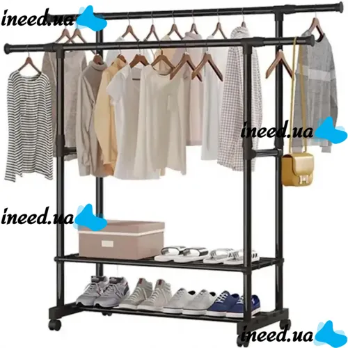 Подвійна телескопічна стійка Double Rack для зберігання одягу та взуття на коліщатках Підлогова пересувна вішалка 155х42х76см до 40кг Чорна