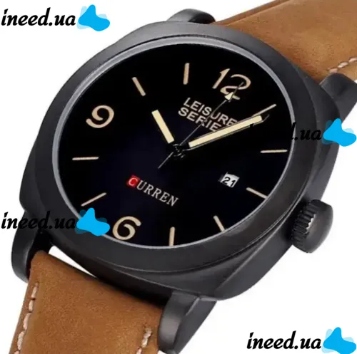 Чоловічі наручні Curren Leisure Series 8158 на руку з ремінцем зі штучної шкіри, Класичний кварцовий годинник з чорним циферблатом і календарем