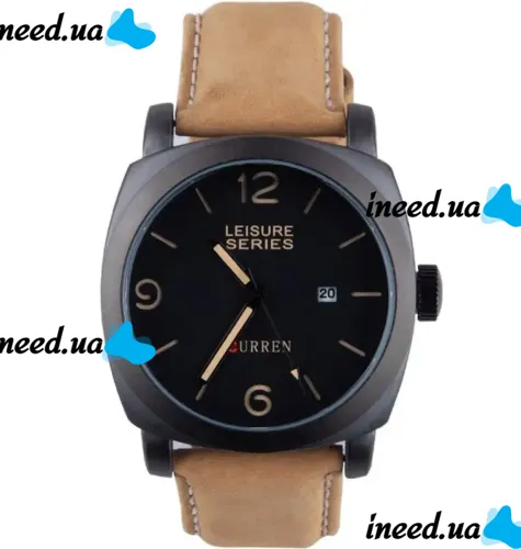 Чоловічі наручні Curren Leisure Series 8158 на руку з ремінцем зі штучної шкіри, Класичний кварцовий годинник з чорним циферблатом і календарем
