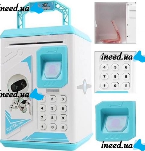 Children's electronic piggy bank safe Robot Bodyguard Blue, bill acceptor, Safe-piggy bank with combination lock for paper bills, coins with fingerprint