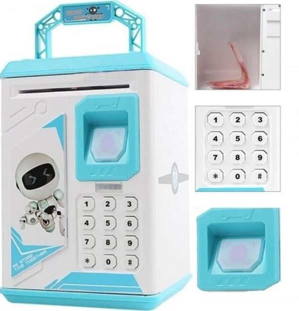 Children's electronic piggy bank safe Robot Bodyguard Blue, bill acceptor, Safe-piggy bank with combination lock for paper bills, coins with fingerprint