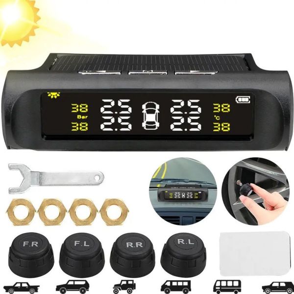 Зовнішні датчики тиску в шинах універсальні TPMS + SOLAR система контролю і температури тиску в шинах з сонячною панеллю і цифровим РК-дисплеєм, 