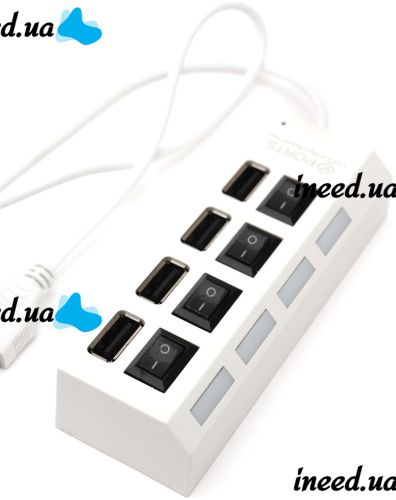 USB хаб Memos на 4 порти з перемикачами White, живлення від USB 2.0 розгалужувач з кнопками on off концентратор перехідник HUB 480 Мбіт 5В Білий