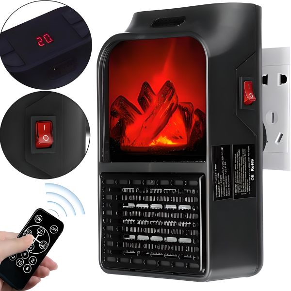 Портативный мини обогреватель с имитацией пламени Flame Heater W-012 с LCD экраном 800W в розетку, Тепловентилятор камин с пультом 800Вт Черный