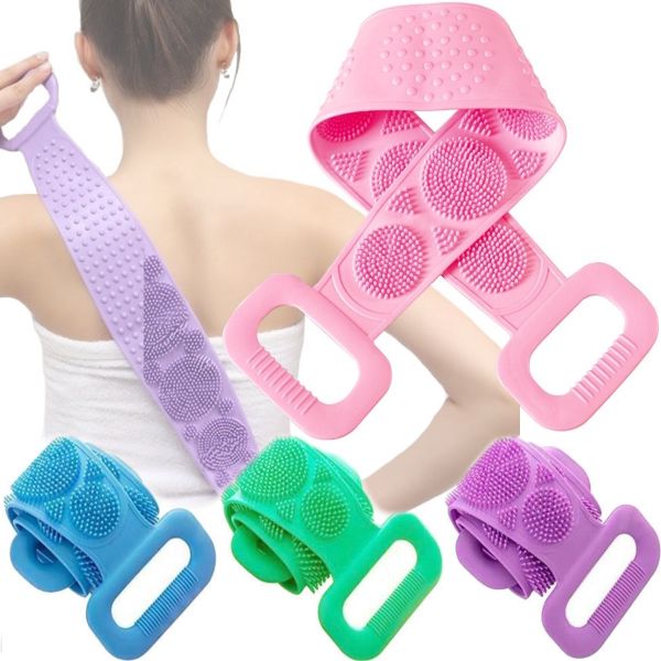 Silicone Double-Sided Body Scrubber, 70 cm, Body Scrubber and Massager, Shower and Bath Massage Brush with Handles, Silica Gel Bath Brush
