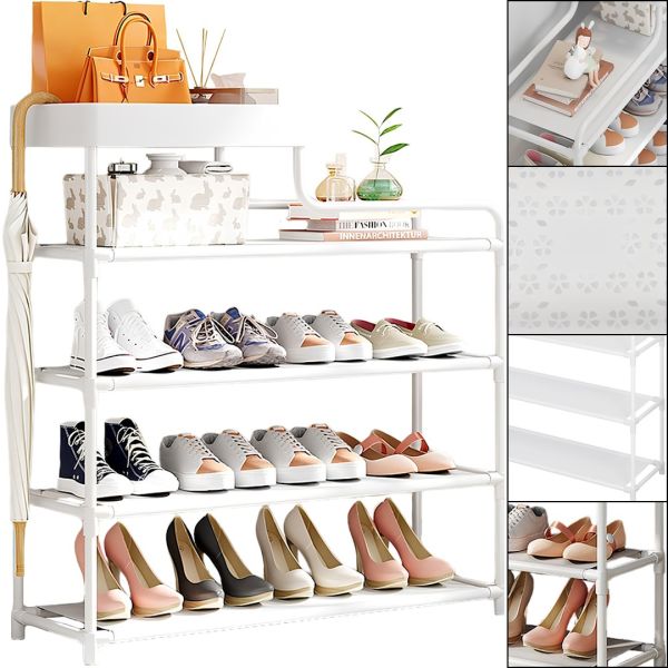 Обувница с полкой для аксессуаров Araqel Shoe Rack стеллаж органайзер для хранения обуви 60х21x78 см металлическая стойка на 5 полок в прихожую Белая