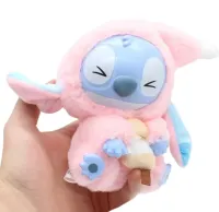Children's plush surprise toy Labubu Stitch Eat Something 16cm, Soft collectible Labubu Stitch keychain figurine in pajamas for kids