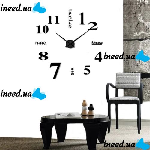 Великі 3D безшумні настінні годинники Diy Clock ZH01510 BLACK 90 см, Безкаракасні самоклеючі 3Д годинник цифри на стіну для дому, офісу чорні