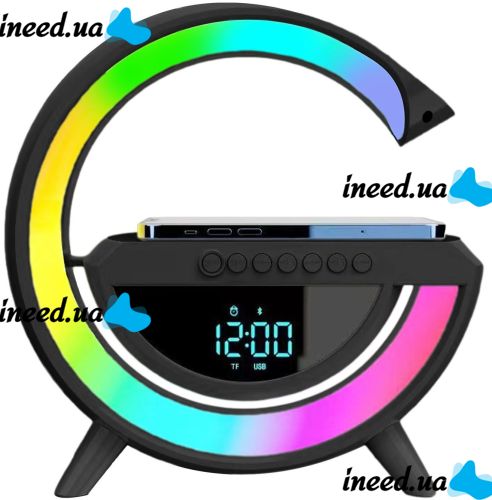 Настільна смарт лампа нічник 4 в 1 RGB BT-3401 акумуляторний з бездротовою зарядкою 15W і Bluetooth колонкою, світлова звукова колонка Чорна