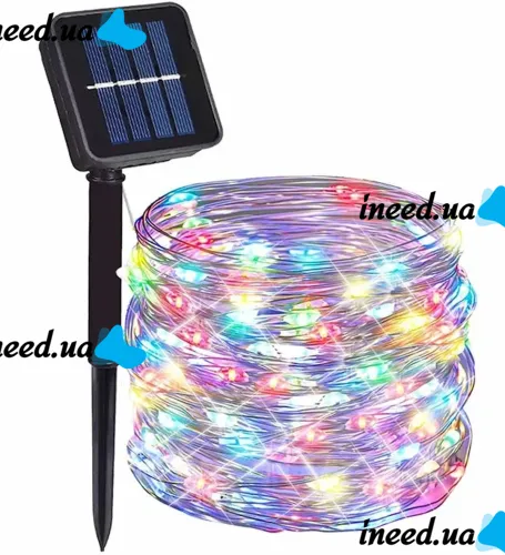 Уличная светодиодная гирлянда Solar String Lights 12 метров 100 LED RGB диодов с солнечной панелью, Водонепроницаемая Роса с пультом Мультицветная