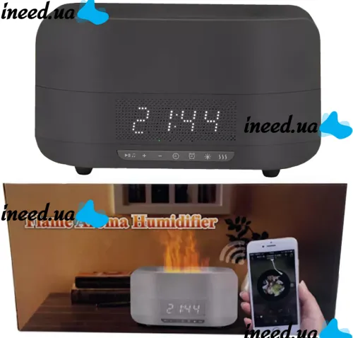 Ультразвуковий зволожувач повітря RGB Flame Aroma Humidifier H115A з ефектом полум'я Bluetooth колонка з LED годинами Аромадифузор нічник з пультом