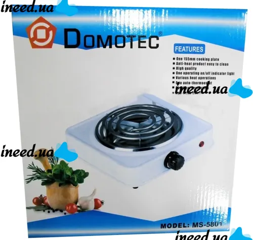 Електрична настільна спіральна плита на одну конфорку Domotec MS-5801 1000W, одноконфорочная електроплита 1000Вт з термостатом на 5 положень