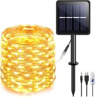 Уличная светодиодная гирлянда Solar String Lights LS48-100WW 12 метров 100 LED диодов Теплый белый Роса Warm light с солнечной панелью для деревьев и веранд