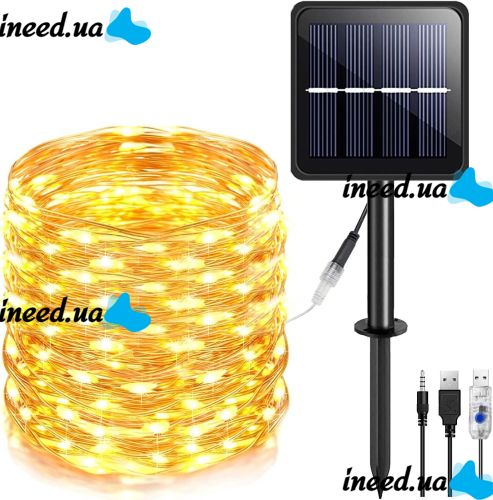 Уличная светодиодная гирлянда Solar String Lights LS48-100WW 12 метров 100 LED диодов Теплый белый Роса Warm light с солнечной панелью для деревьев и веранд