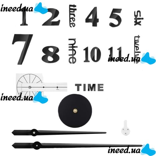 Великі 3D безшумні настінні годинники Diy Clock ZH01510 BLACK 90 см, Безкаракасні самоклеючі 3Д годинник цифри на стіну для дому, офісу чорні