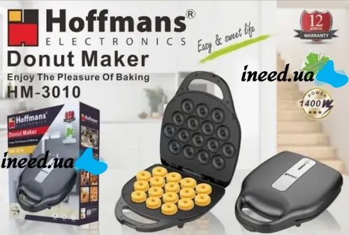 Электрическая машинка Hoffmans HM-3010 1400W для приготовления пончиков на 16 штук, Аппарат для выпекания донатов с антипригарным покрытием от сети