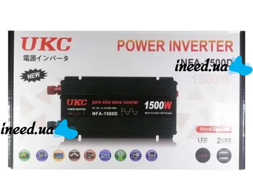 Автомобільний перетворювач інвертор UKC NFA-1500D 12V-220V з чистою синусоїдою 1500W, Автоперетворювач напруги струму AC/DC від акумулятора