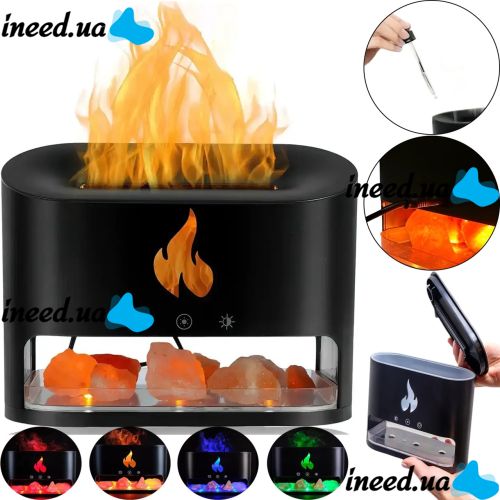 Настільний зволожувач повітря нічник з соляними каменями Docsal Flame Aroma Diffuser CAO з LED підсвічуванням 5W, соляна лампа аромадифузор Чорний