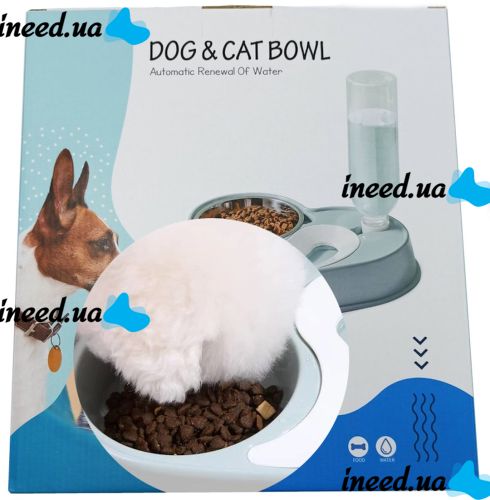 Годівниця з поїлкою для домашніх тварин Dog & Cat bowl 2в1 500мл, Миска зі сталі з автоматичним диспенсером для води для собак і котів синя