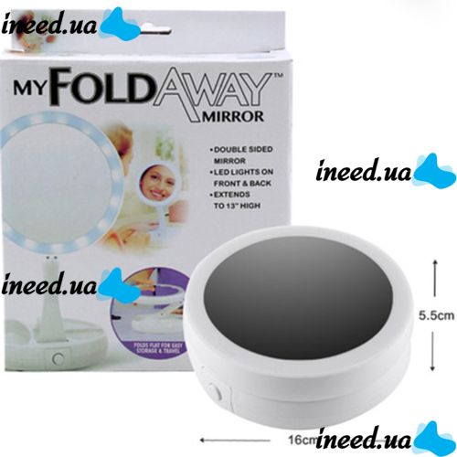 Настільне кругле косметичне дзеркало з LED-підсвічуванням My Fold Away для макіяжу, складане збільшувальне дзеркало 10x-трансформер з органайзером