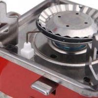 Tourist gas burner stove taganok Kovar MB-K202 for cooking with collet mounting for gas cylinders and piezo ignition Red