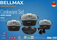 Кухонний набір посуду Bellmax Cookware Set BM - 132 3 казана і сковорода для приготування їжі , каструлі з кришками і гранітним покриттям 9 предметів
