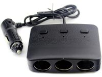 Автомобільний розгалужувач прикурювача Olesson 1636 на 3 гнізда з USB 2А для авто, трійник з кнопкою індикатором і кабелем в машину 12-24V Чорний