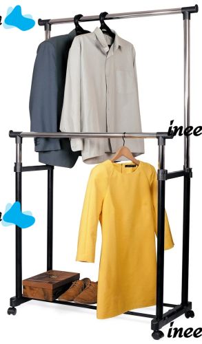 Telescopic Rack-hanger for Storing Clothes and Shoes Double Pole Clothes Horse Outdoor Mobile Rack, double Hanger on wheels