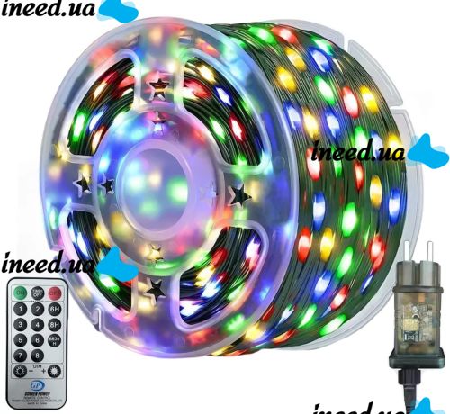 Новогодняя гирлянда RGB роса 100 метров 1000 LED диодов с пультом IP44, светодиодная нить Xmas 8 режимов 100м от сети Разноцветная