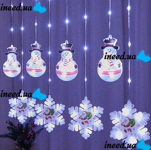 Внутренняя гирлянда штора Xmas 3D фигурки снеговика и снежинки Холодный белый 3x0.7м 95L W, Новогодняя 300x70 см на окно холодная белая от сети