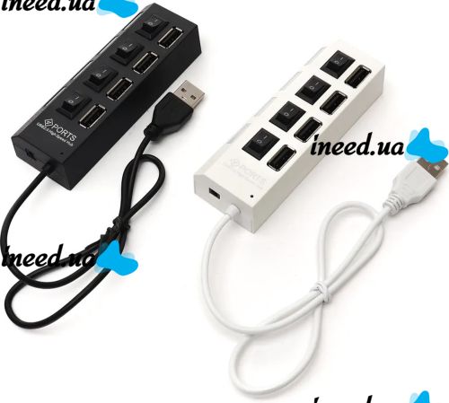 USB хаб Memos на 4 порти з перемикачами Black, живлення від USB 2.0 розгалужувач з кнопками on off концентратор перехідник HUB 480 Мбіт 5В Чорний