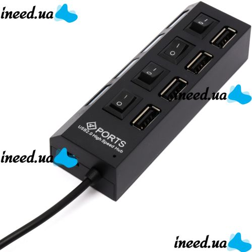 USB хаб Memos на 4 порти з перемикачами Black, живлення від USB 2.0 розгалужувач з кнопками on off концентратор перехідник HUB 480 Мбіт 5В Чорний