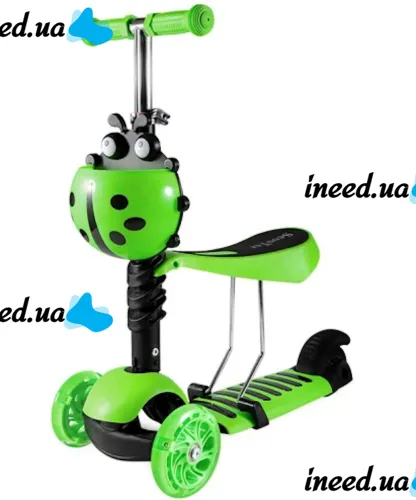 Трехколесный детский самокат беговел Scooter FYS-2864 Green 5 в 1 со складным сиденьем, родительской ручкой и светящимися колесами для детей Зеленый