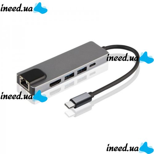 Мультифункціональний USB-хаб HOCO AC-500 Type-C на RJ45, HDMI, 2xUSB 3.0 адаптер, Ethernet LAN інтернет перехідник, конвертер XoKo HUB