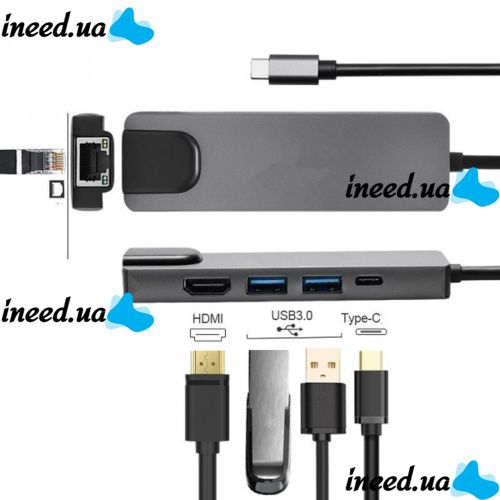 Мультифункціональний USB-хаб HOCO AC-500 Type-C на RJ45, HDMI, 2xUSB 3.0 адаптер, Ethernet LAN інтернет перехідник, конвертер XoKo HUB