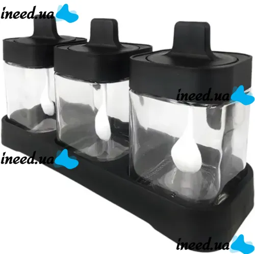 Набір контейнерів баночок Seasoning bottle set XL-730 3 відсіки по 400 мл для зберігання приправ і спецій, Комплект ємностей з кришками і ложками