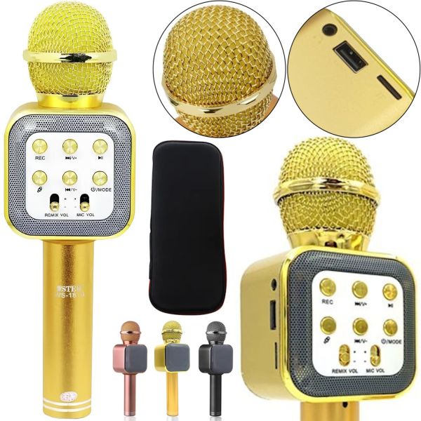 Беспроводной микрофон караоке Wster WS-1818 Bluetooth USB AUX FM со встроенной колонкой и функцией изменения голоса на аккумуляторе в чехле Золотой