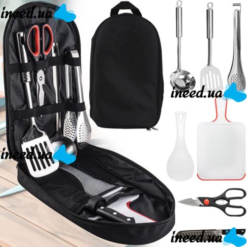 Set of tourist tableware Kitchen Utensil BBQ set of cutlery for 7 items scissors Spoon Board Tongs Cutter for camping in a bag case