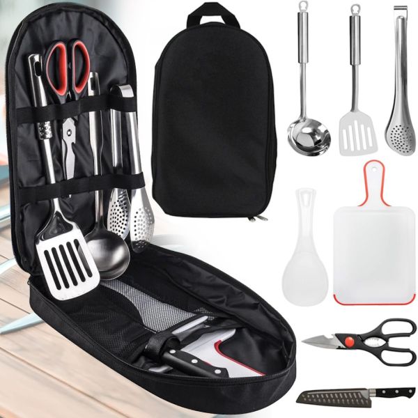 Набор туристической посуды Kitchen Utensil BBQ комплект столовых приборов на 7 предметов ножницы ложка доска щипцы резак для кемпинга в сумке чехле
