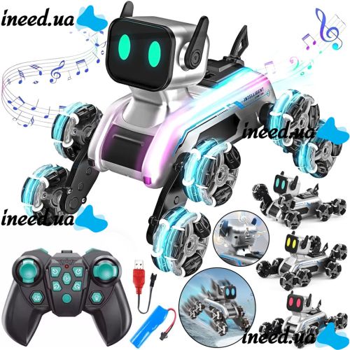 Трюкова собака робот Champions Stunt Robot Dog восьмиколісний щеня зі звуковими і світловими ефектами на радіокеруванні пультом і жестами USB