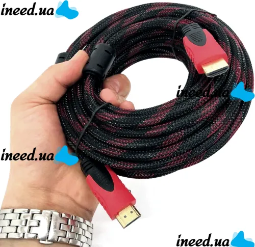 Усиленный кабель Hdmi to Hdmi 15м 1080p в обмотке, кабель-удлинитель HDMI-HDMI 15m 15 m 15 м для монитора и телевизора в оплетке Черно Красный