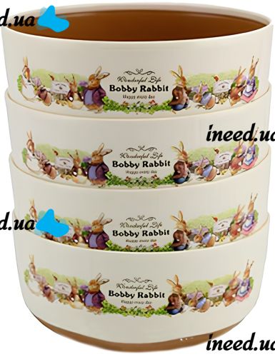 Set of Children's Plates with Bobby Rabbit Spoons 12.4x5.7 cm Plastic Tableware Set 8 Items 4 Deep Plates 4 Spoons for Children Bobby Rabbit