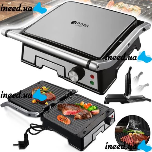 Electric contact grill Bitek BT-2687 3000W pressure double-sided electric grill for meat with non-stick coating and timer from mains 220V