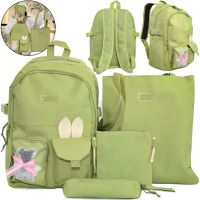 School bag Set Fashion SG5017 4 in 1 for girls, teenage school kit, backpack for 16 liters shopper bag pencil case, satchel with Green badge