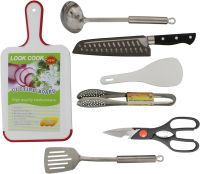Set of tourist tableware Kitchen Utensil BBQ set of cutlery for 7 items scissors Spoon Board Tongs Cutter for camping in a bag case