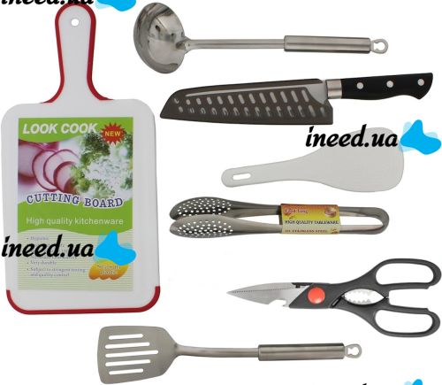 Set of tourist tableware Kitchen Utensil BBQ set of cutlery for 7 items scissors Spoon Board Tongs Cutter for camping in a bag case