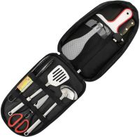 Set of tourist tableware Kitchen Utensil BBQ set of cutlery for 7 items scissors Spoon Board Tongs Cutter for camping in a bag case