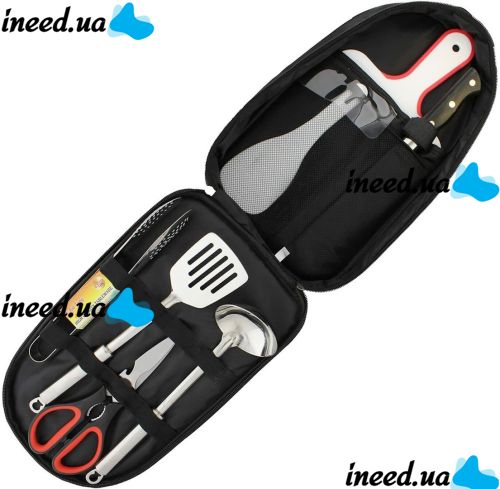 Set of tourist tableware Kitchen Utensil BBQ set of cutlery for 7 items scissors Spoon Board Tongs Cutter for camping in a bag case