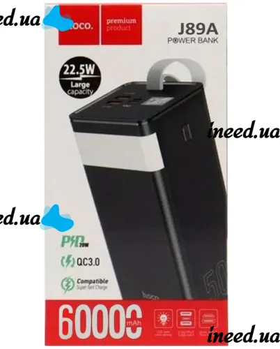 External Battery with Fast Charging Power Bank Hoco J89A 60000mAh 22.5W, Portable Battery Powerbank Hoco 18W with Flashlight and Strap Black